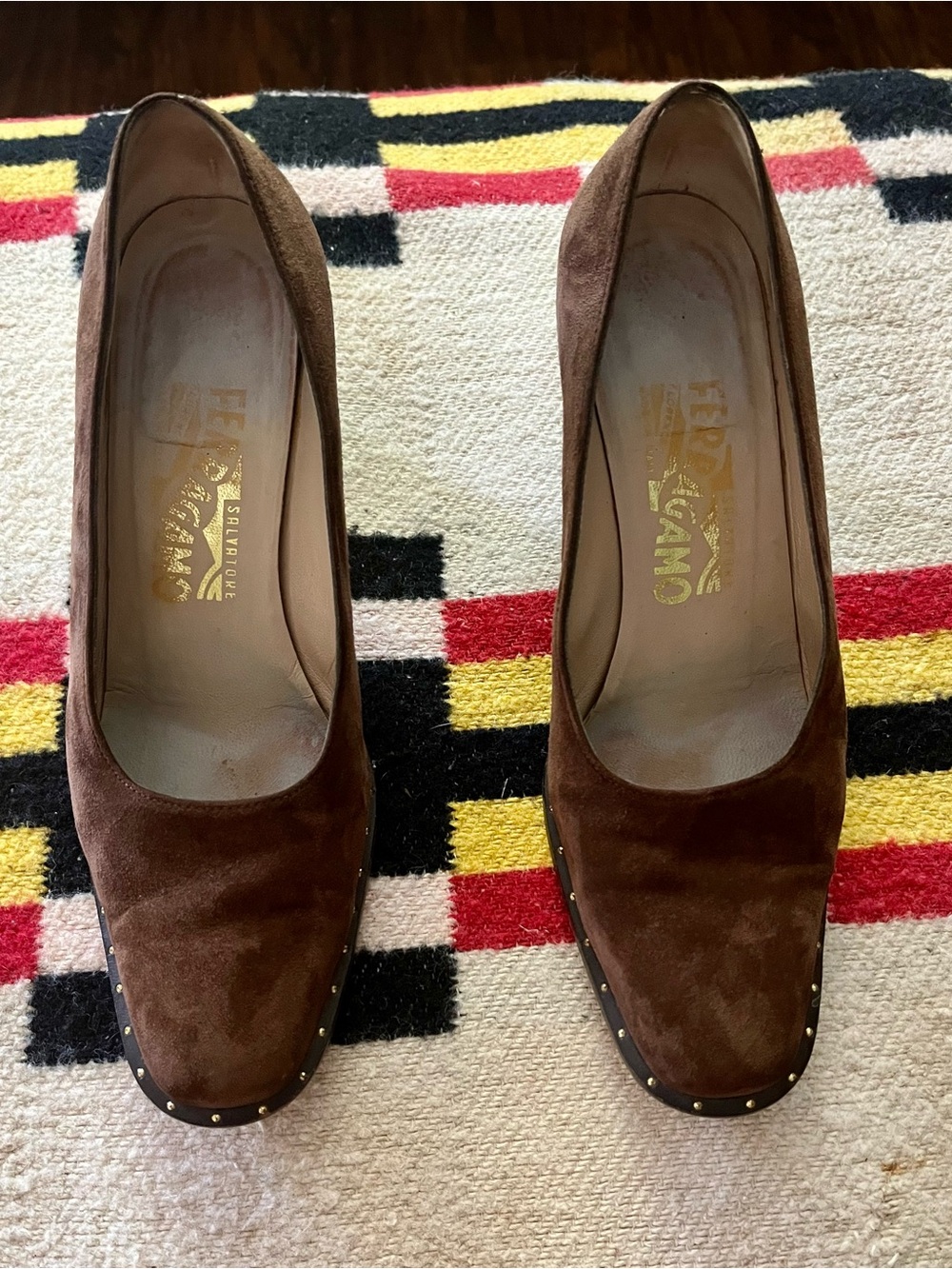 Salvatore Ferragamo Brown Suede Studded Block Heels